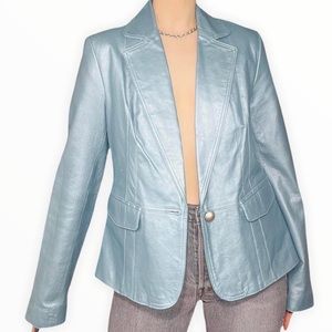 Aquamarine ice blue genuine leather button down blazer jacket WORTHINGTON Size M